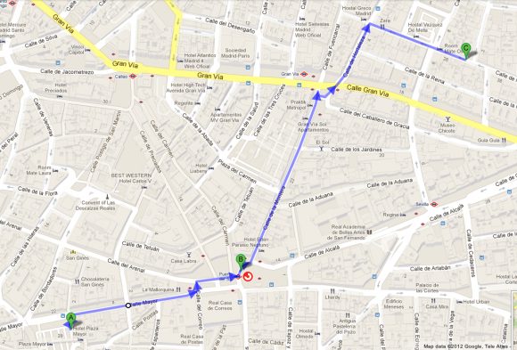 Como llegar a El Tigre ("C") saliendo de Plaza Mayor ("A") o Puerta del Sol ("B)